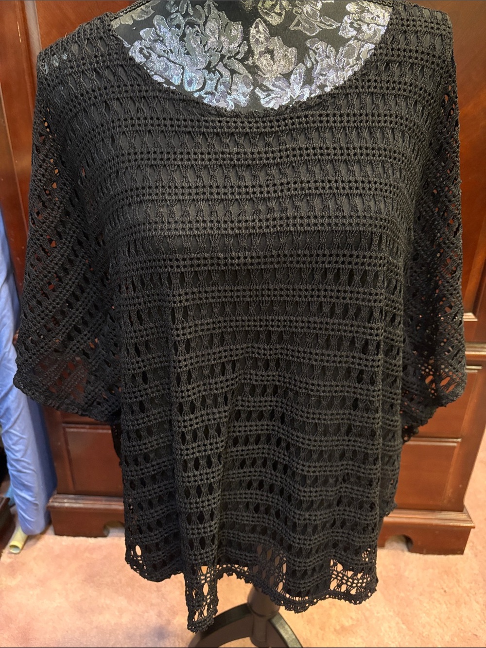 Women's Black Crochet Knit Tunic Top - Lightweight Layering